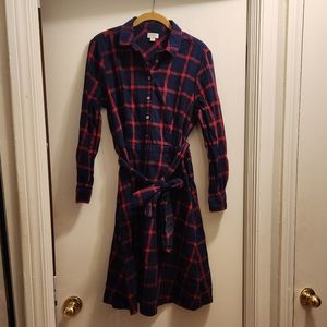 J Crew Red/Navy Blue Plaid Flannel Shirt Dress Long Sleeve Tie Waist Sz 8